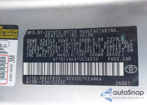 2007 Toyota Camry Le from USA, damaged, VIN 4T1BE46K97U038030